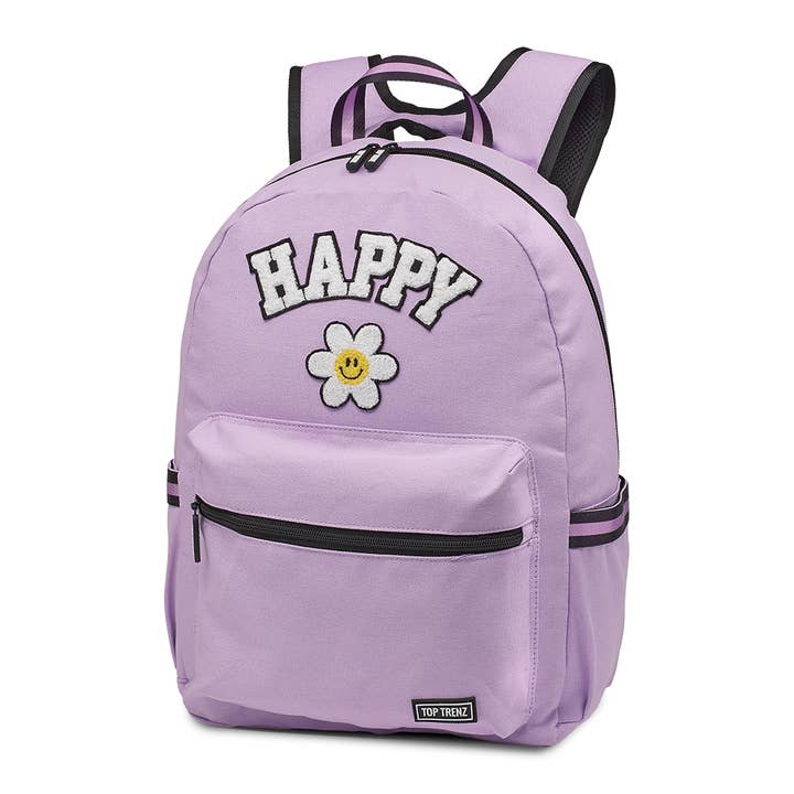 Purple Happy Canvas Backpack with Patches for wholesale by Top Trenz Inc