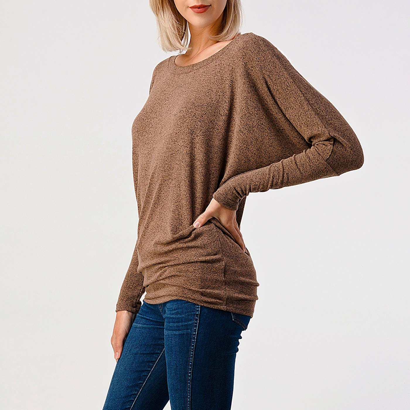 Heimious - Vente Haut en maille – femme - Haut en tricot Hacci à manches longues et col rond à manches Dolman, 270164