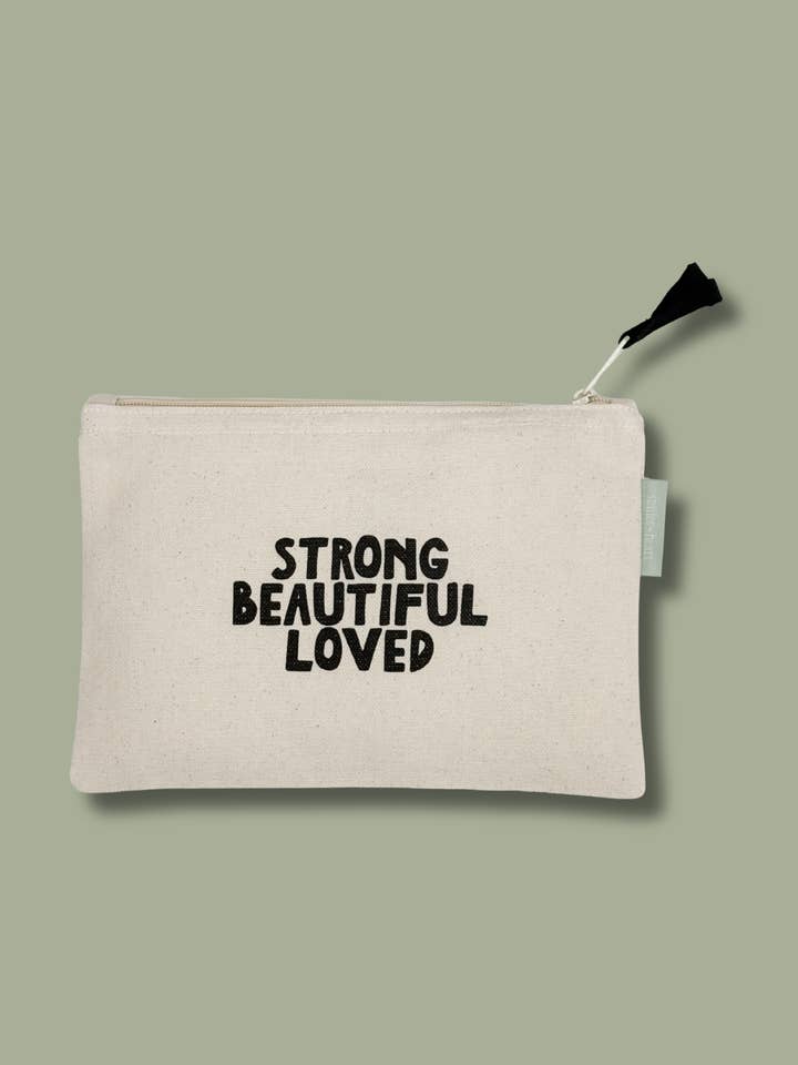Strong Beautiful Loved Small Canvas Zipper Pouch for wholesale by Smiles + Heart