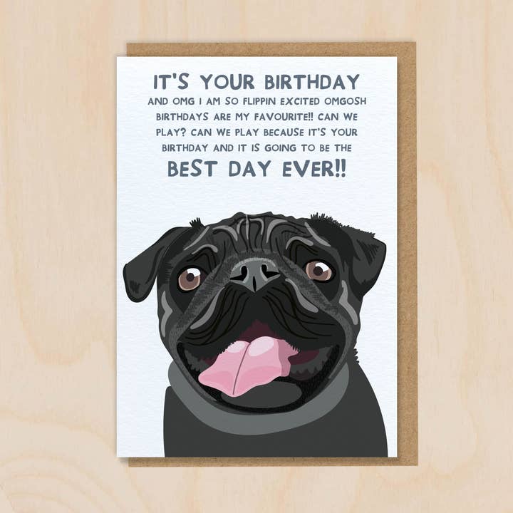Birthday Card From The Dog - Pug Black - Humour for wholesale by Two For Joy Illustration
