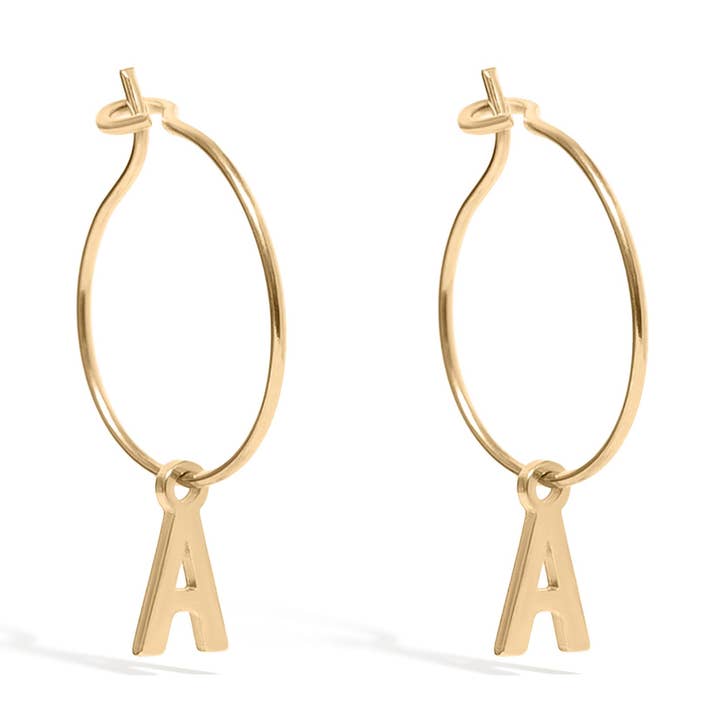 WJW - Wholesale Hoop Earrings - 18K Gold PVD Stainless Steel Mini Hoop Initial Earrings3