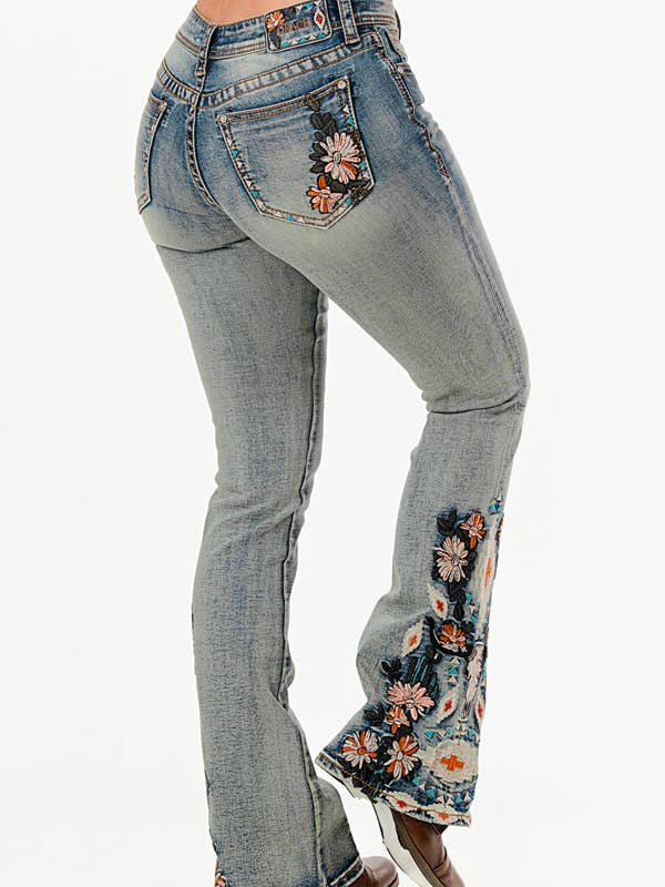 Floral Embroidery Light Wash Mid Rise Flare | ELS841LT-33 for wholesale by Grace in LA
