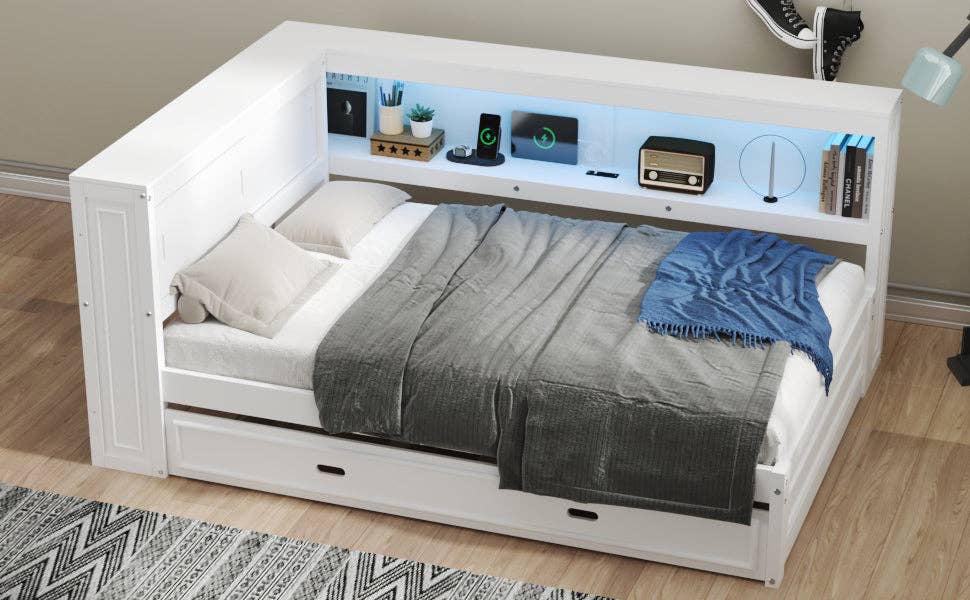 39F Inc. - Wholesale Bed - Full Size White Daybed with Storage Shelves USB and Trundle4