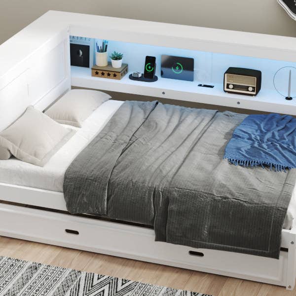 39F Inc. - Wholesale Bed - Full Size White Daybed with Storage Shelves USB and Trundle4