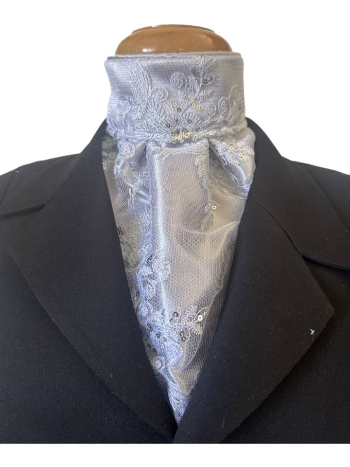 HHD Dressage Equestrian Euro Stock Tie ‘Rosalea’ in Silver Embroidered Lace with Sequins for wholesale by Heavenly Horse Designs