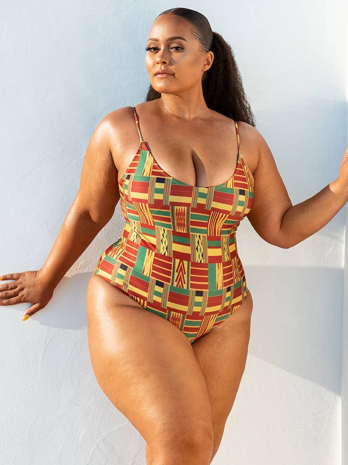 Costume intero da donna AFIA - Stampa africana di James Town per la vendita all'ingrosso da parte di Ashanti Swimwear