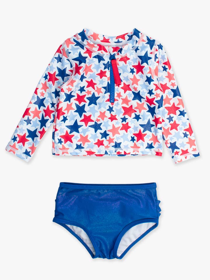 Multi Color Girls Shimmer Star-Spangled Long Sleeve Zipper Rash Guard 2-Piece Swimsuit with Signature Rear Ruffles
for wholesale on Faire