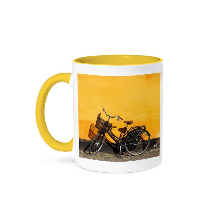 3dRose - Wholesale Coffee Mug - 3dRose, Denmark, Zealand, Copenhagen, yellow building detail with bicycle, Mug