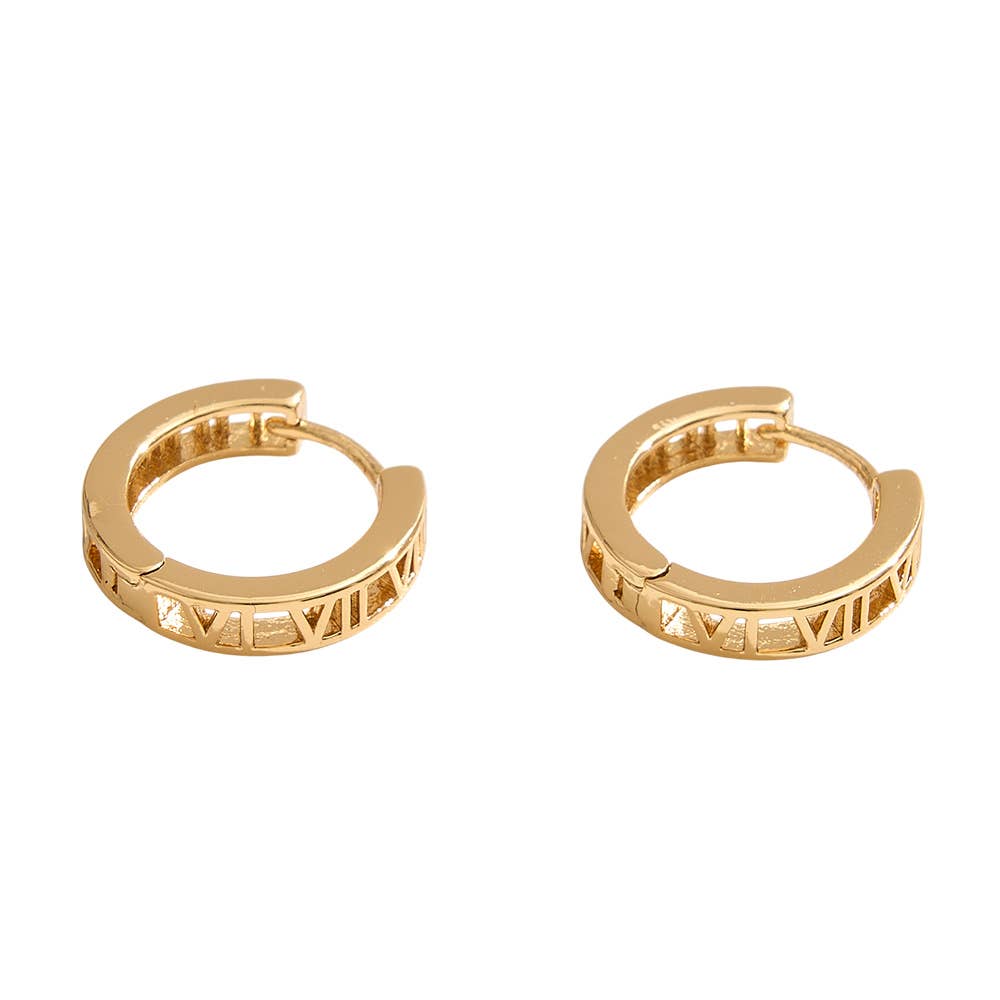 Sensibling Corp. - Wholesale Huggie Earrings - 14K Gold Dipped Roman Numeral Huggie Hoop Earrings1
