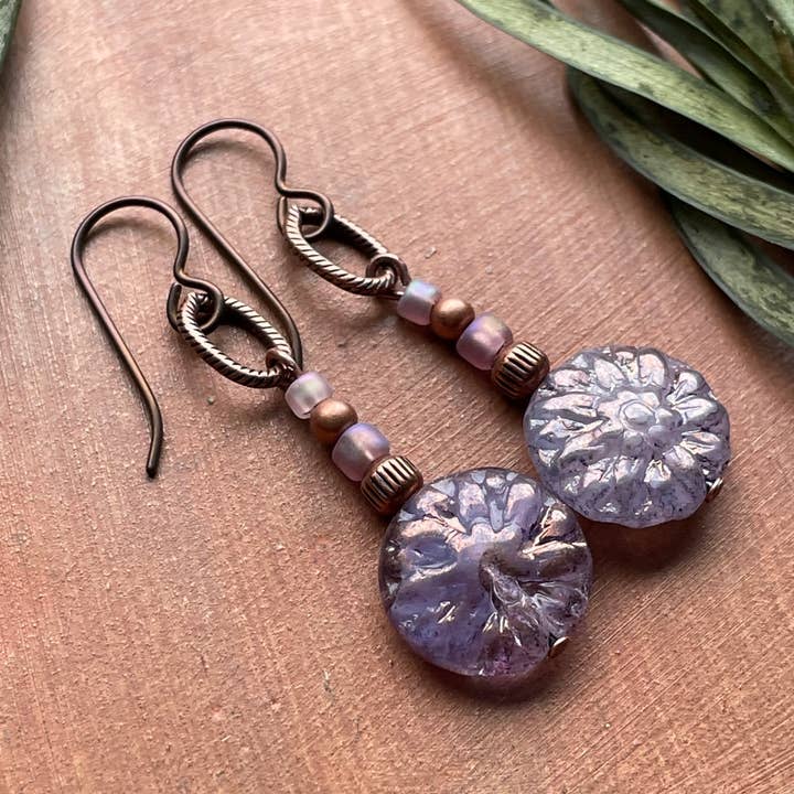 Stacked Bead Lilac Dahlia Earrings - Antiqued Copper Niobium for wholesale by Vintage Earth