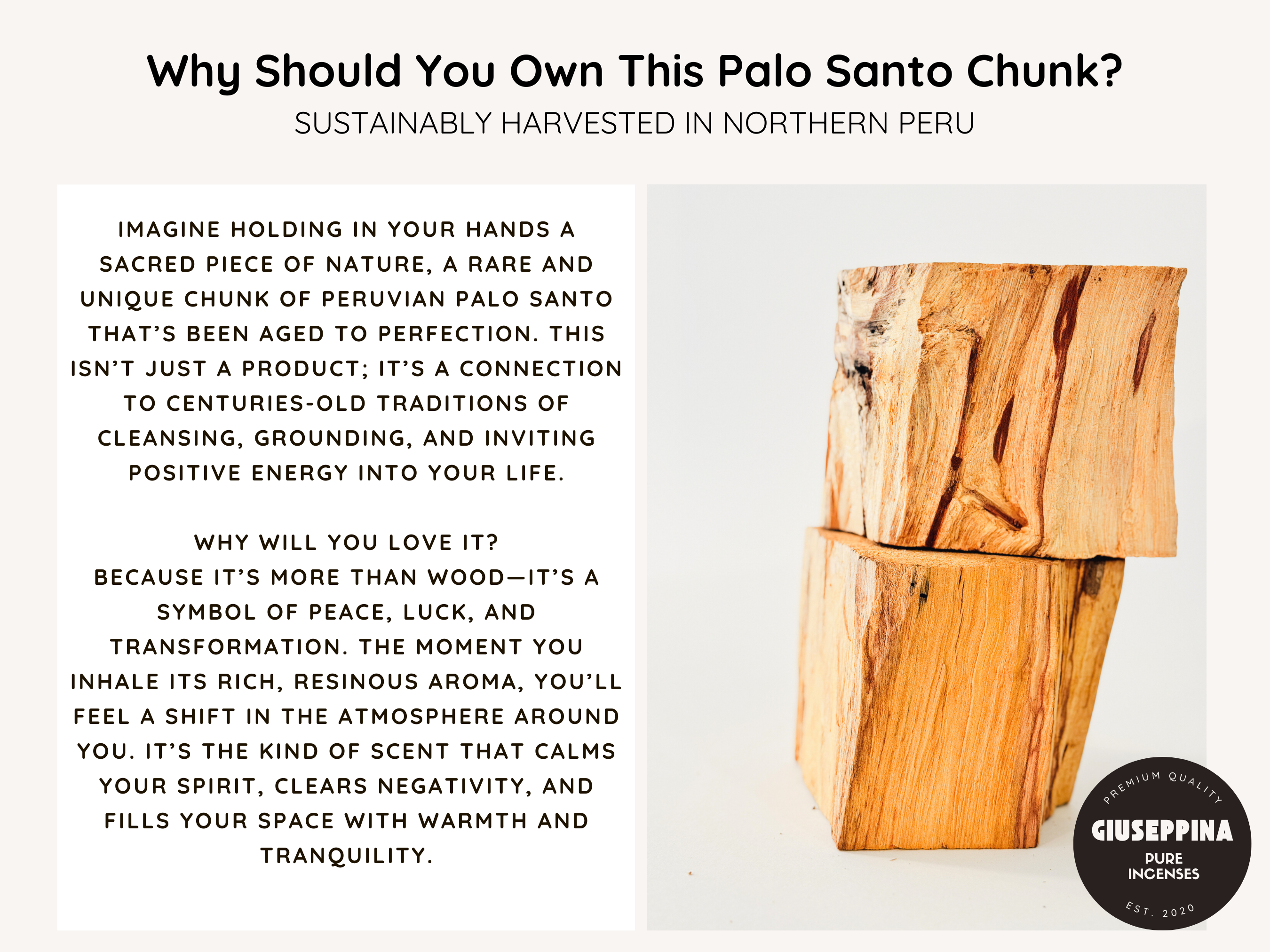 Giuseppina Shop – Engroshandel Røgelse – Stor Palo Santo Træklods - UNIK Peruvian Palo Santo Stykke3