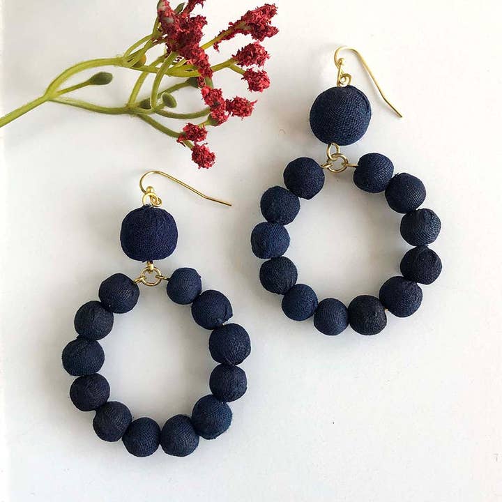 Kantha Indigo Dangling Hoops for wholesale by WorldFinds