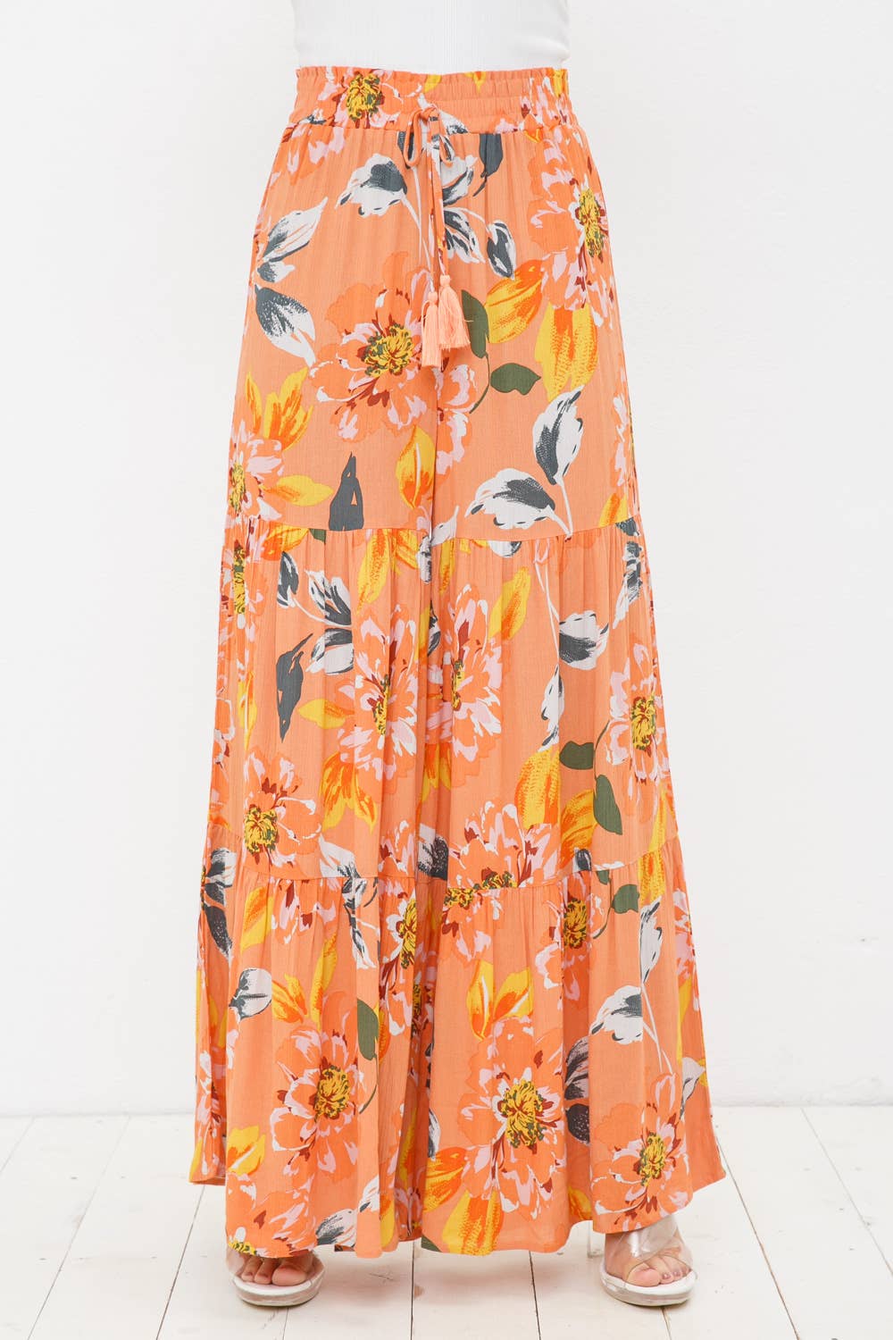 ORANGE 31864P - Pantalon à pompons élastiques à jambes froncées à larges niveaux en rayonne en vente sur Faire1