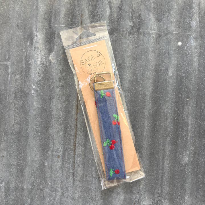 Cherries on Blue Denim Wristlet Keychain for wholesale by Sage & Soil