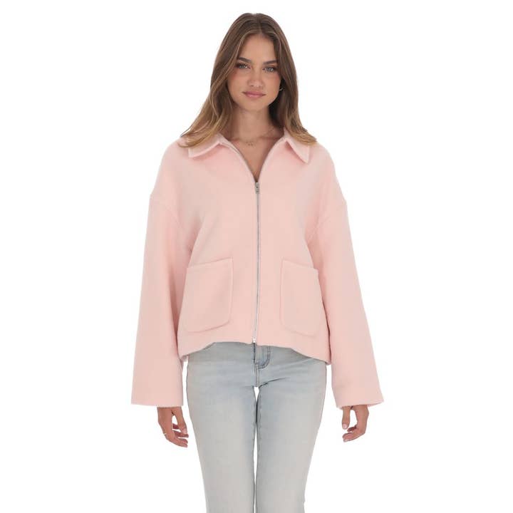 Fuzzy Zip-Up Jacket in Pink for wholesale by Lucy In The Sky