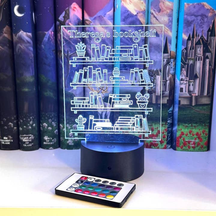 Personalized Color Changing Bookshelf Sign, Library Shelf Decor, Bookish Merch, LED Book Light, Reading Nook Decor for wholesale by Treasured Tropes Paper Co