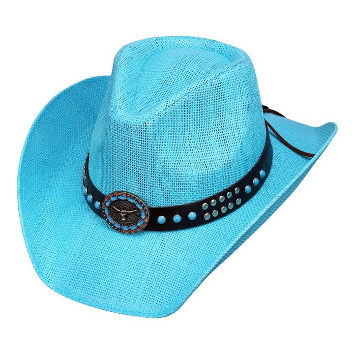 Turquoise Stone Steer Head Faux Leather Straw Cowboy Fedora Hat for wholesale by Madeline Love