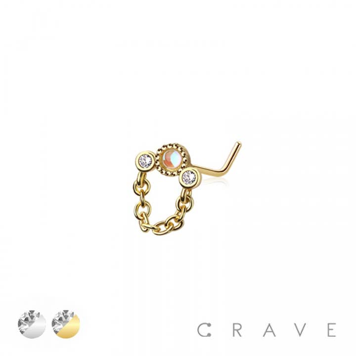 TRIPLE BEZEL CZ CHAIN 316L SURGICAL STEEL L-SHAPE NOSE RING for wholesale by CRAVE