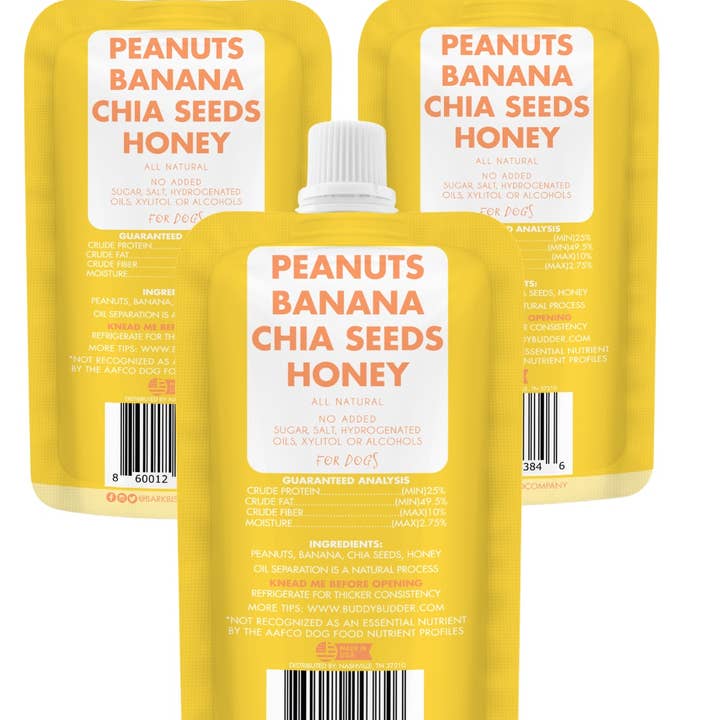 Bark Bistro - Wholesale Pet Treats - Dog - Dog Peanut Butter - 4oz Squeeze Packs Barkin Banana Budder