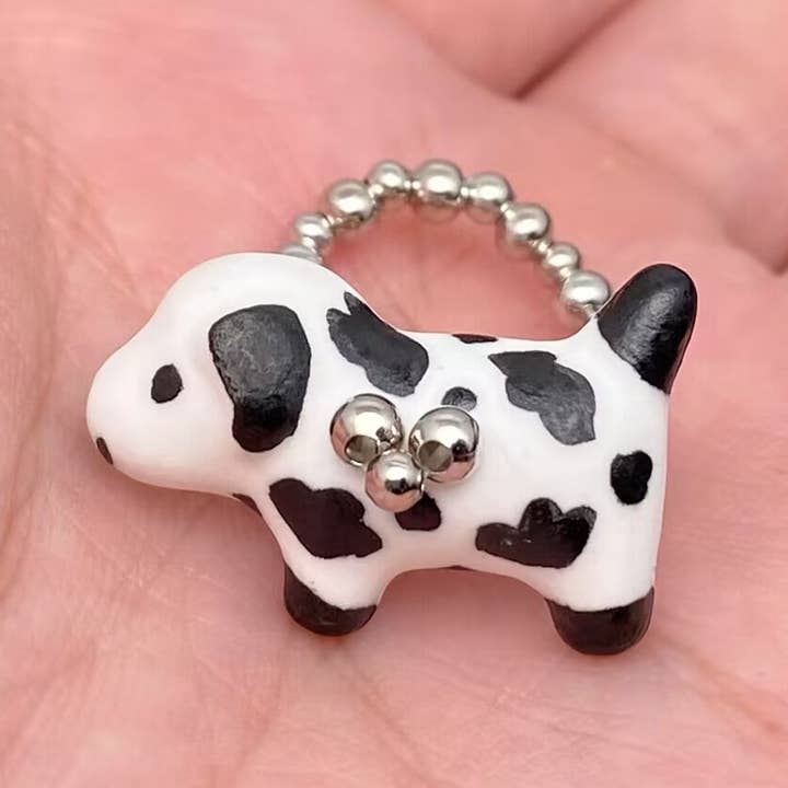 Ceramic Spotted Dog Silver Beaded Elastic Ring - YK for wholesale by Mio Queena