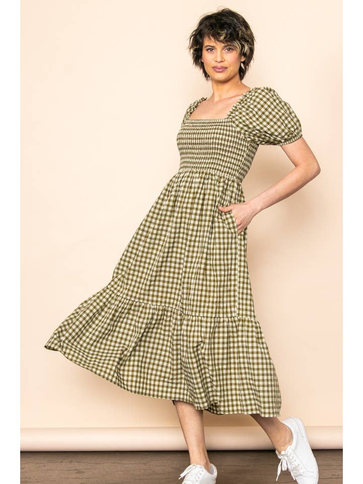 Elloh Collection - Wholesale Dress - Women's - Gingham Puff Sleeves Smocked Chest Midi Dress with Pockets22