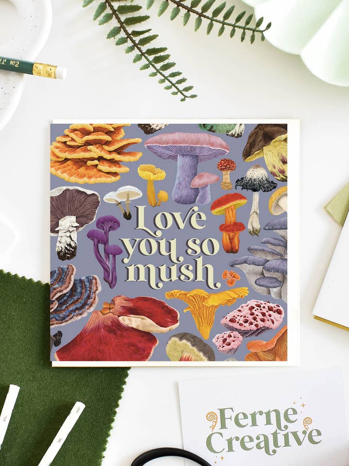 'Love You So Mush' Mushroom Card for wholesale by Ferne Creative