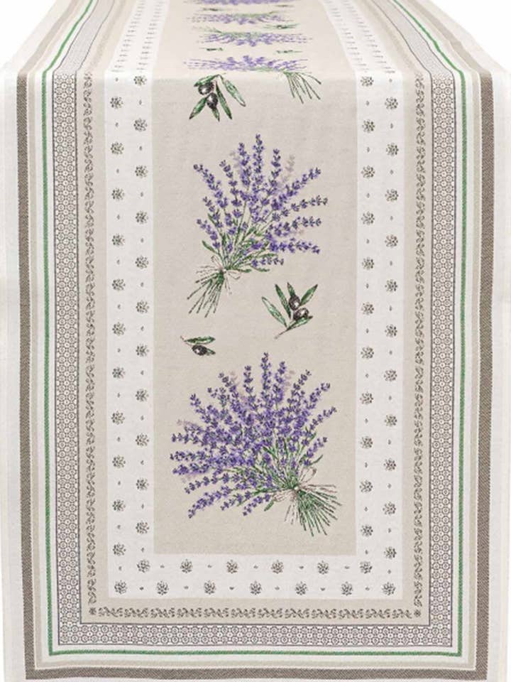 Luxe Lavender & Olive Jacquard Ivory Table Runner for wholesale by Mierco European Linens