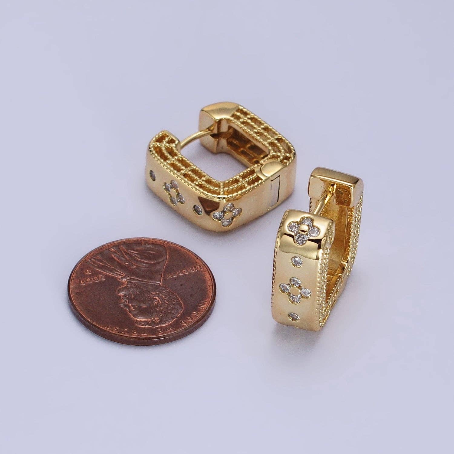 Aim Eternal - Wholesale Huggie Earrings - 24K Gold Filled Clear Quatrefoil CZ Square Huggies Earrings | AB1963