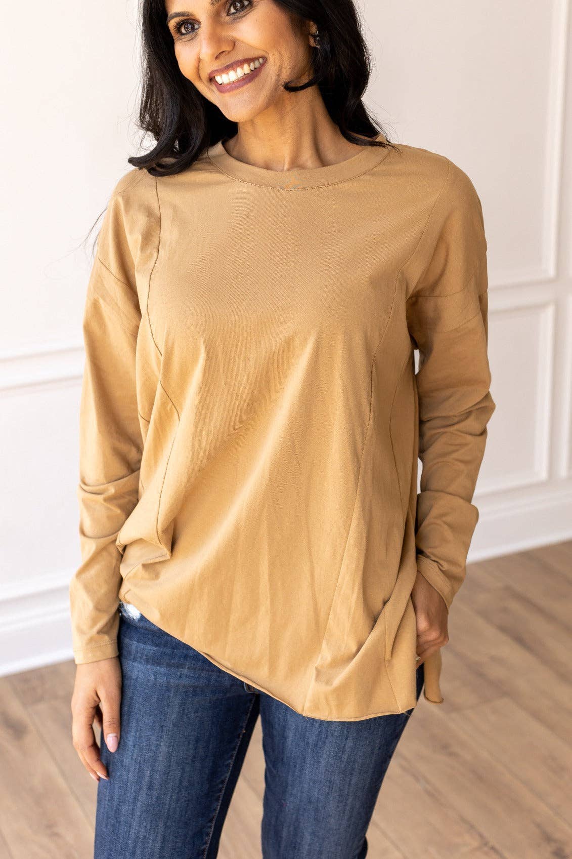 Tan Long-sleeved T-shirts With Side Stitching for wholesale on Faire4