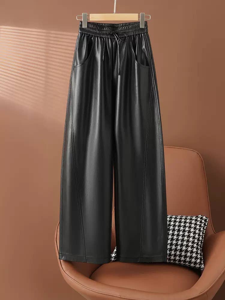Schwarz PT29Y Herbst High-Waist PU-Leder Weitbein-Hose für Damen für den Großhandel auf Faire6