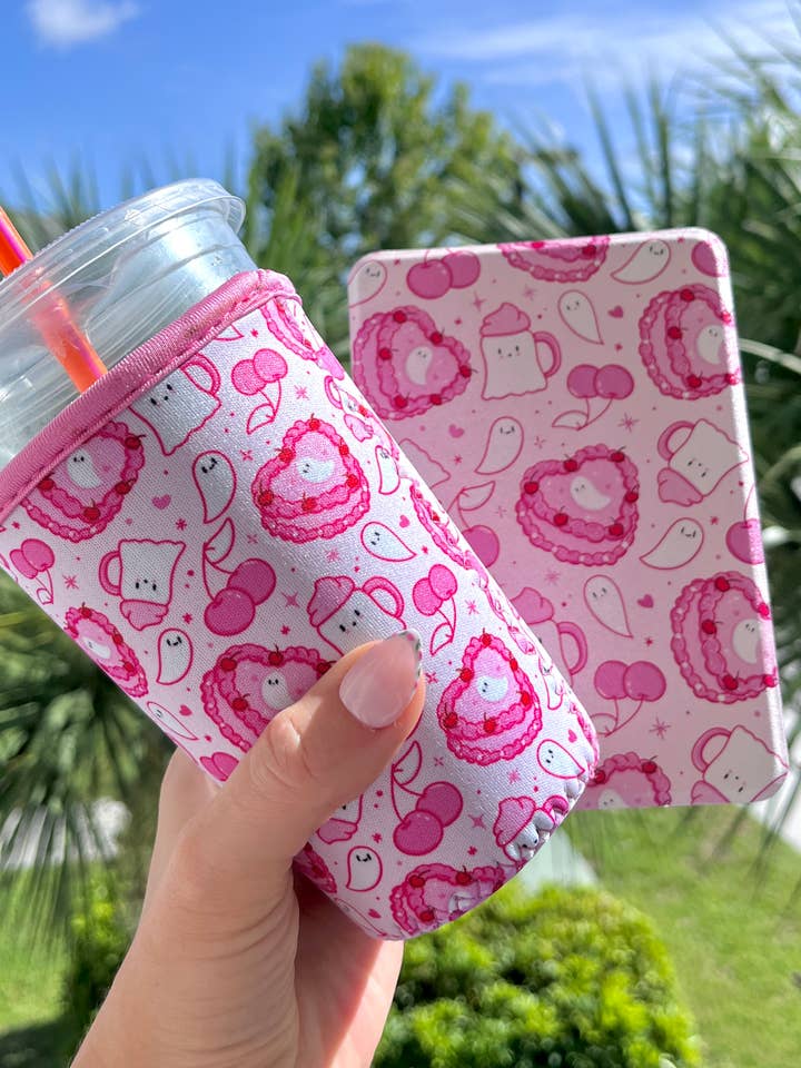 Pink Ghost Cake Iced Coffee Sleeve- 16oz Drink Koozie for wholesale by Illie Millie Designs