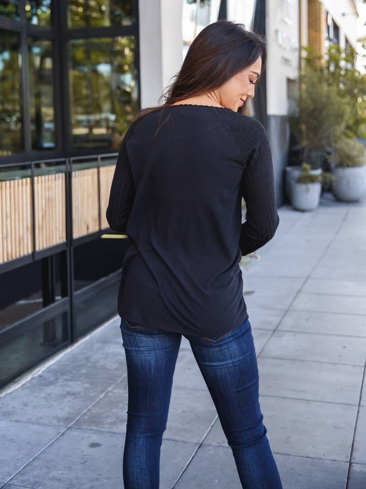 Tickled Teal - Wholesale Knit Top - Women's - Contrast Sleeve Button Knox Top14