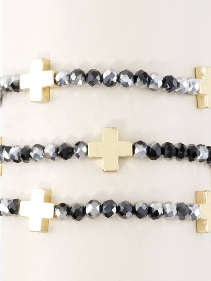 3PC-Set Plated Glass Beads Cross Stretch Bracelets for wholesale by Wild Honey