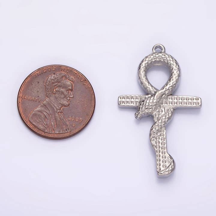 Aim Eternal - Wholesale Individual Charm/Pendant - Stainless Steel Snake Serpent Animal Religious Ankh Cross Silver Charm | P12852