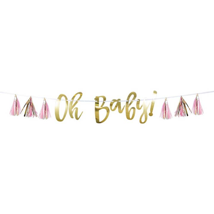 Bulk Party Decor - Wholesale Party Sign/Banner - Pink and Gold Oh Baby Tassel Banners, 1/Pkg