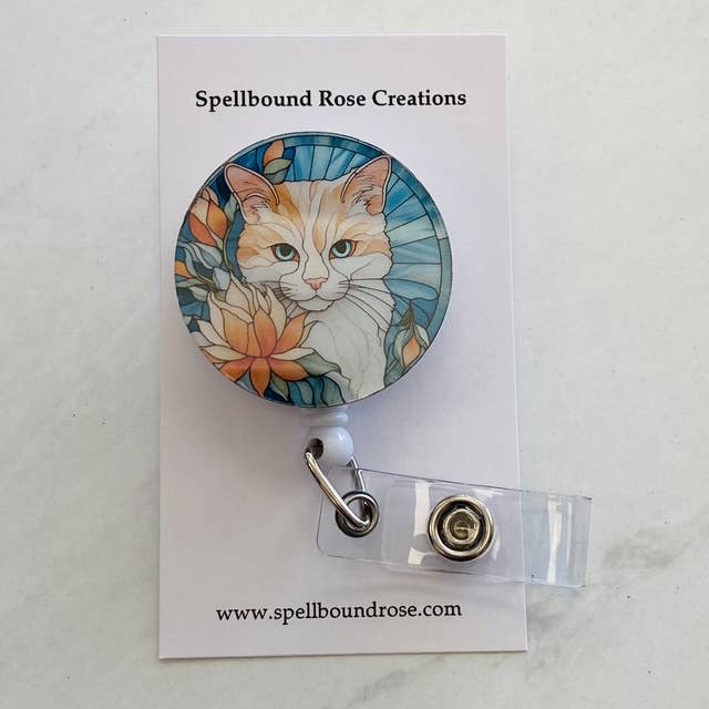 Carrete de Identificação Retrátil com Gato Laranja em Vidro Falso (Cópia) por atacado de Spellbound Rose Creations