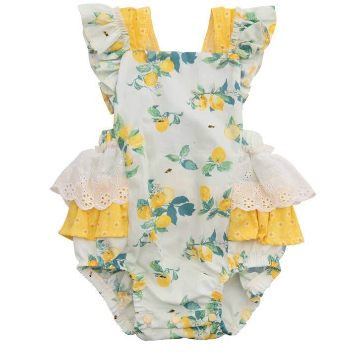 Haute Baby Lucy's Lemonade Sunsuit til spædbørn og småbørn for engroshandel hos Haute Baby
