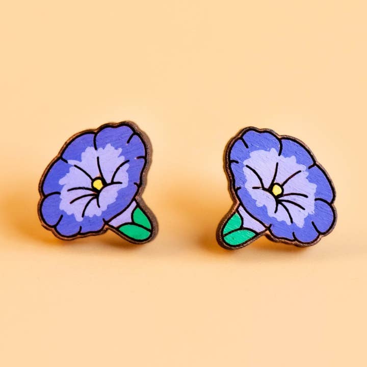 Hand-painted Morning Glory Cherry Wood Flower Stud Earrings - PEO14079 for wholesale by Robin Valley