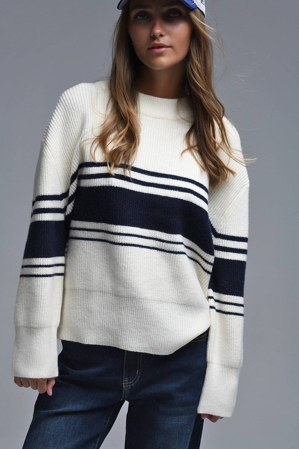 Ribbed Cream Sweater With Navy Chest Stripes for wholesale on Faire1