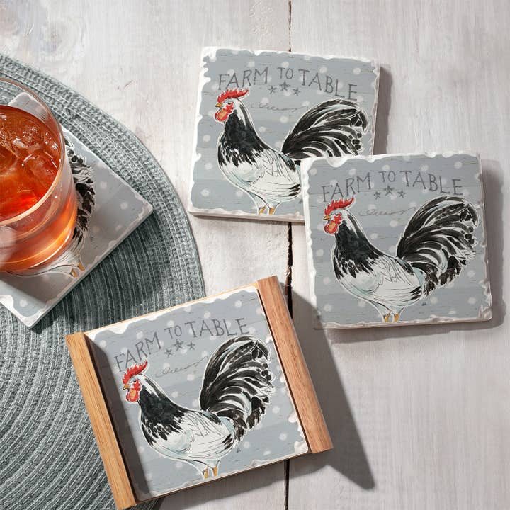 Conimar Promotions - Wholesale Coasters - Rooster 4 Pack Stone Coasters in Wooden Holder