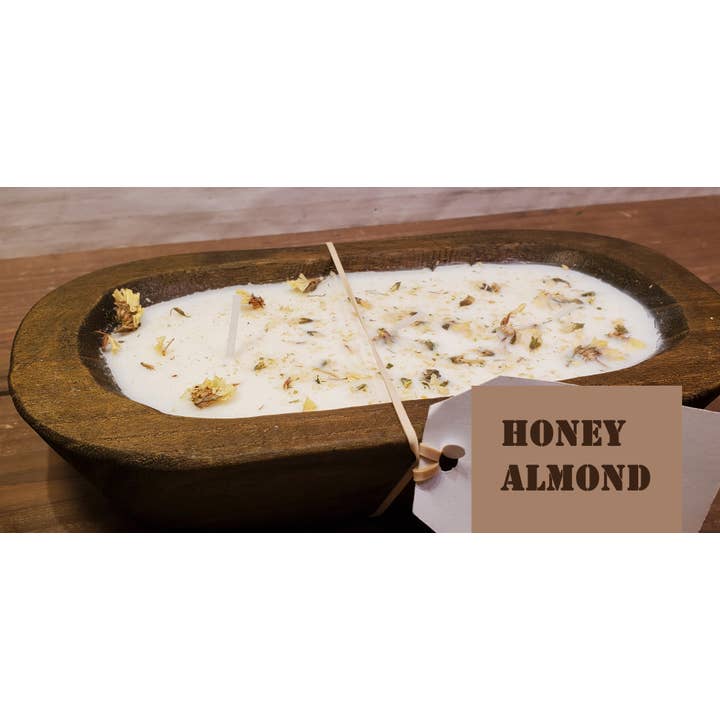 Wooden Dough Bowl Soy Candle w/ dried flowers, Honey Almond for wholesale by Abnormal Creations