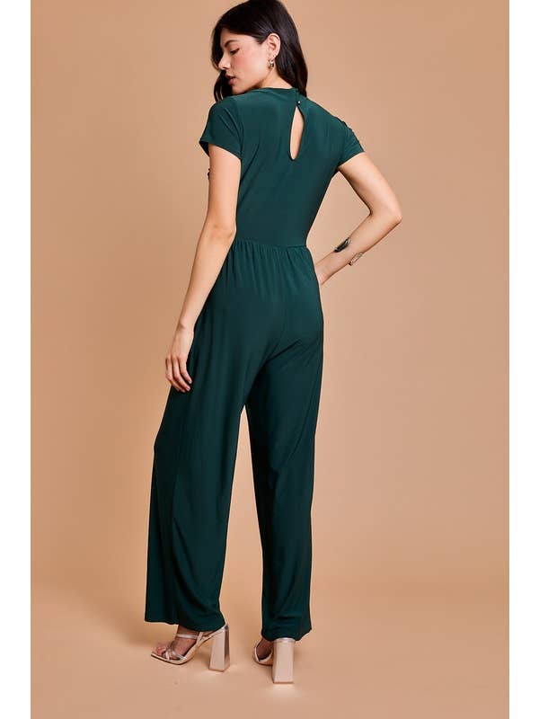 Hunter Green Cowl Tunic Neck Short Slevee Jumpsuit for wholesale on Faire