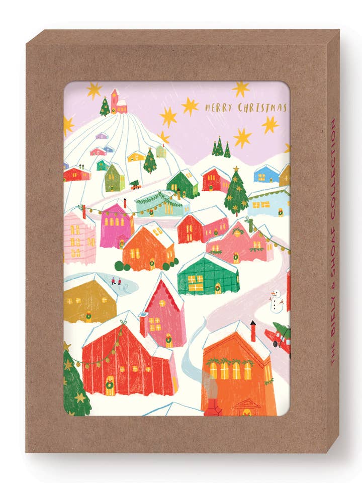Cartes de vœux de Noël en boîte "Joyeux Noël Village" - Ensemble de 10 pour la vente par Biely & Shoaf