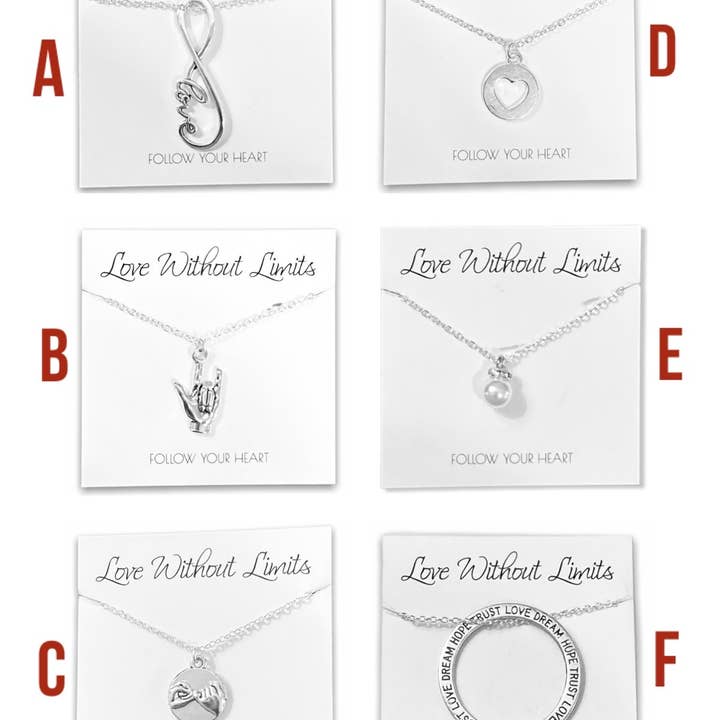 Silver Pendant Necklace on Love Without Limits Card for wholesale by Broken Record Boutique