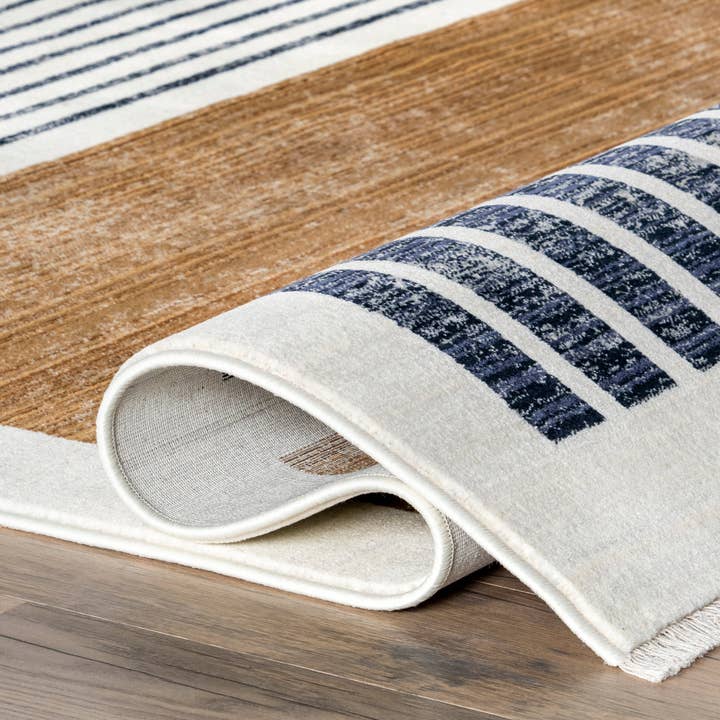 Beige Keeva Modern Striped Fringe Area Rug for wholesale on Faire