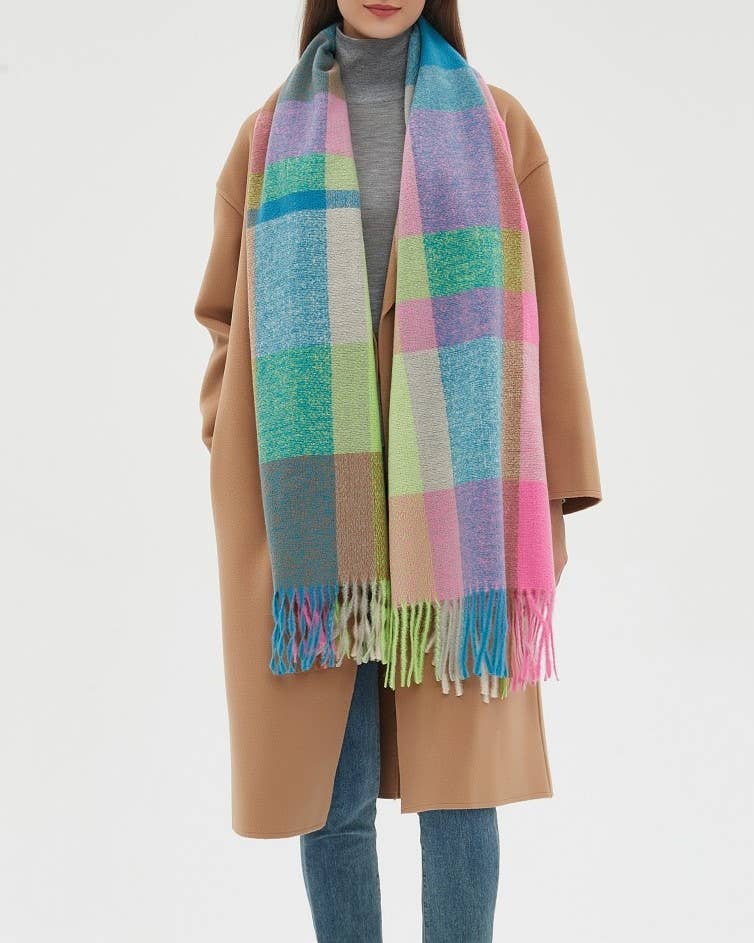 HIDDENBRAND - Wholesale Scarf - Women's - Soft cozy color block fringe scarf wrap9