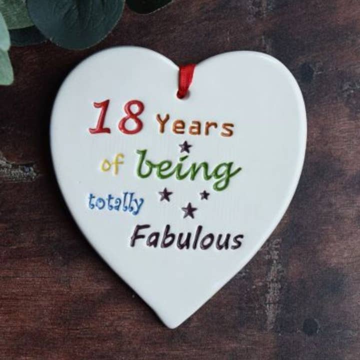 Broadlands Pottery – wholesale Ornament – Birthday -18 yrs, totally fabulous - Handmade ceramic heart1