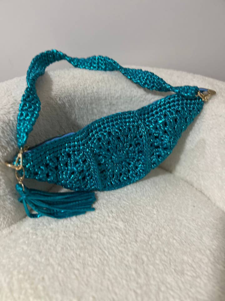 CHQEL Blue Clutch Bag Women Handmade Crochet Metallic for wholesale by CHQEL