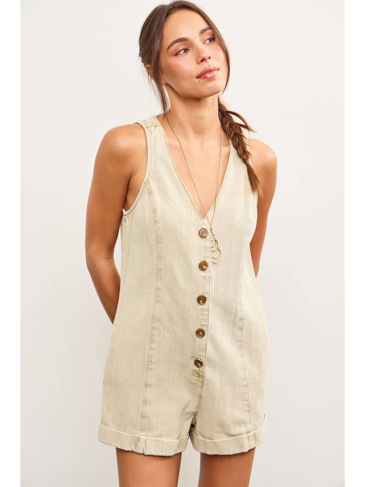 Mustard Seed - Wholesale Romper - Women's - BUTTON CLOSURE V NECK SLEEVELESS ROMPER