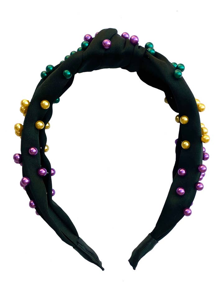 Parelhoofdband - zwart met paarse, groene en gouden kralen voor wholesale door Mardi Gras Creations